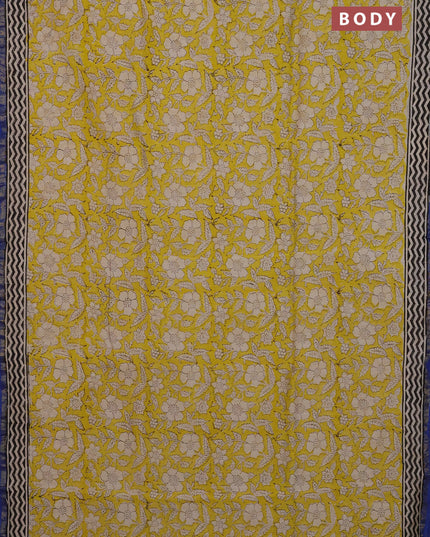 Chanderi Bagru saree yellow and blue with allover prints and small zari woven border