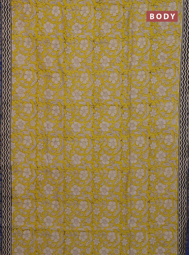 Chanderi Bagru saree yellow and blue with allover prints and small zari woven border