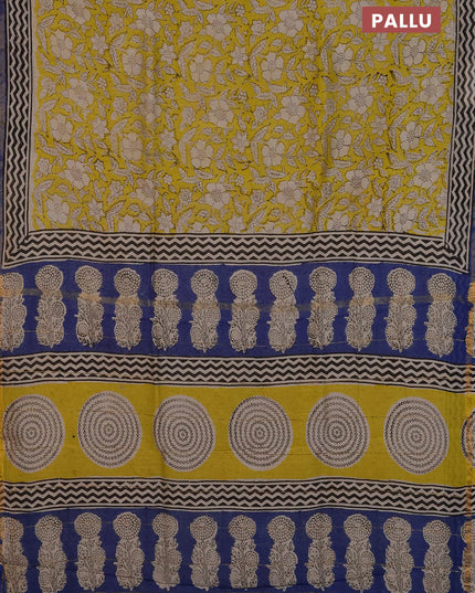 Chanderi Bagru saree yellow and blue with allover prints and small zari woven border