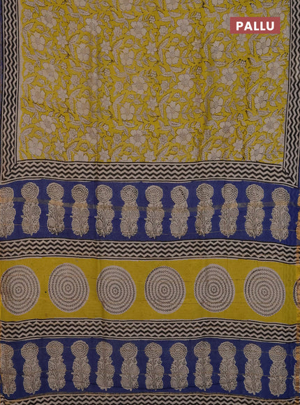 Chanderi Bagru saree yellow and blue with allover prints and small zari woven border