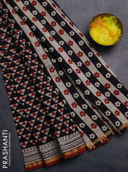 Chanderi Bagru saree black and rustic maroon with allover geometric prints and small zari woven border