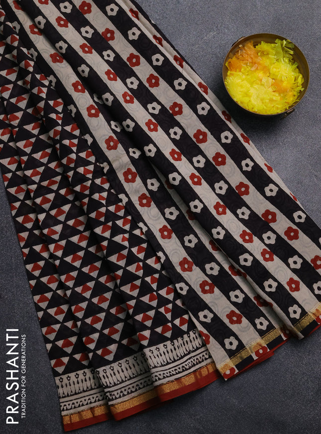 Chanderi Bagru saree black and rustic maroon with allover geometric prints and small zari woven border