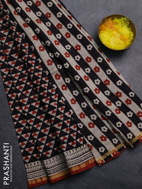 Chanderi Bagru saree black and rustic maroon with allover geometric prints and small zari woven border