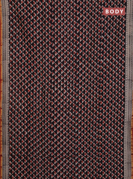 Chanderi Bagru saree black and rustic maroon with allover geometric prints and small zari woven border