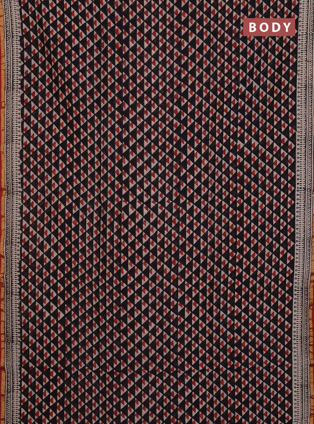 Chanderi Bagru saree black and rustic maroon with allover geometric prints and small zari woven border