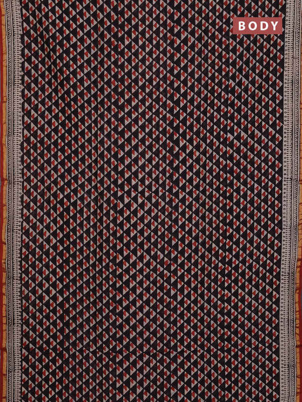 Chanderi Bagru saree black and rustic maroon with allover geometric prints and small zari woven border