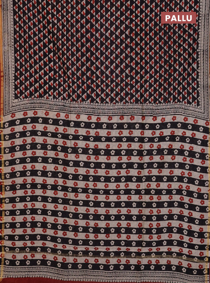 Chanderi Bagru saree black and rustic maroon with allover geometric prints and small zari woven border