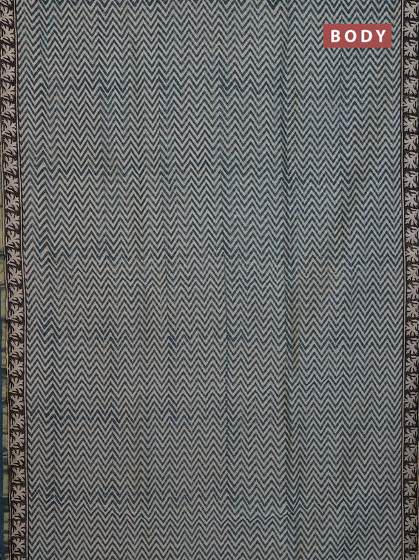 Chanderi Bagru saree peacock green with allover zigzag prints and small zari woven border