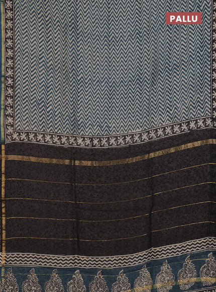 Chanderi Bagru saree peacock green with allover zigzag prints and small zari woven border
