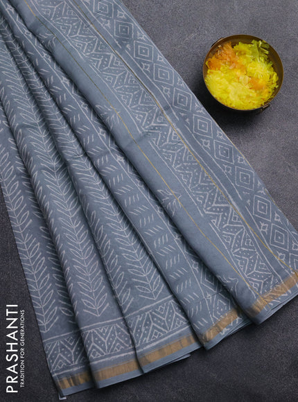 Chanderi Bagru saree grey with allover prints and small zari woven border