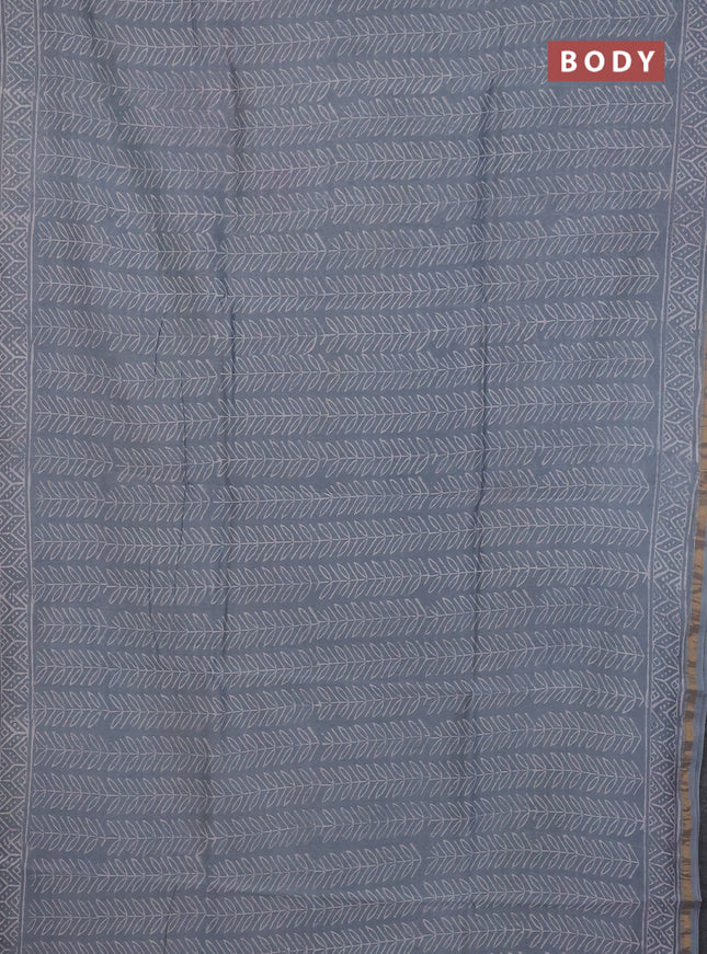 Chanderi Bagru saree grey with allover prints and small zari woven border