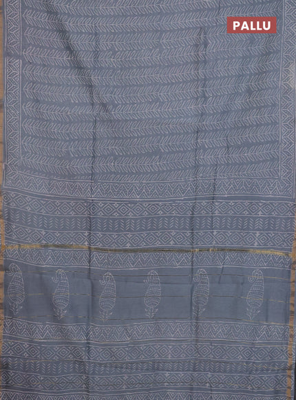 Chanderi Bagru saree grey with allover prints and small zari woven border