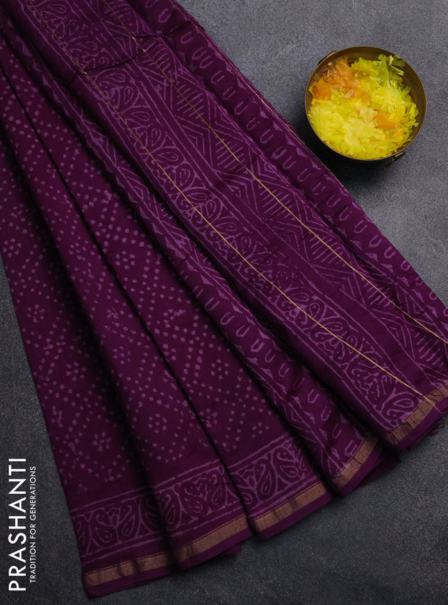 Chanderi Bagru saree violet with allover butta prints and small zari woven border