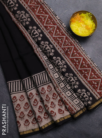 Chanderi Bagru saree black and beige with plain body and small zari woven border
