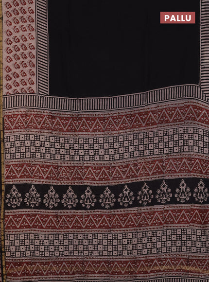 Chanderi Bagru saree black and beige with plain body and small zari woven border