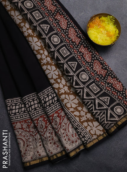 Chanderi Bagru saree black and beige with plain body and small zari woven border
