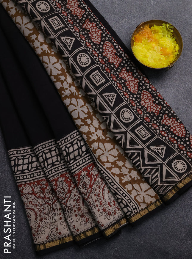 Chanderi Bagru saree black and beige with plain body and small zari woven border