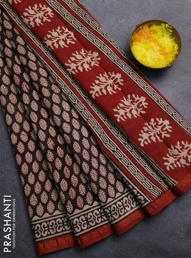 Chanderi Bagru saree black and rustic maroon with allover butta prints and small zari woven border