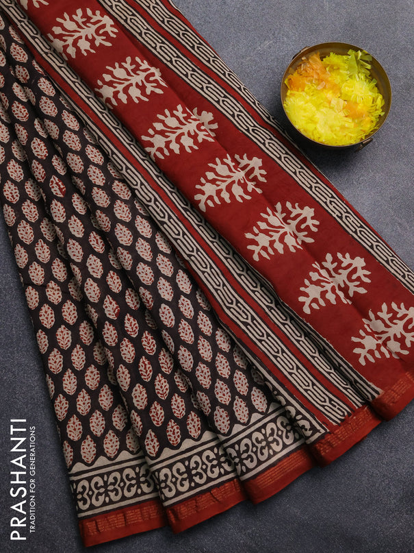 Chanderi Bagru saree black and rustic maroon with allover butta prints and small zari woven border