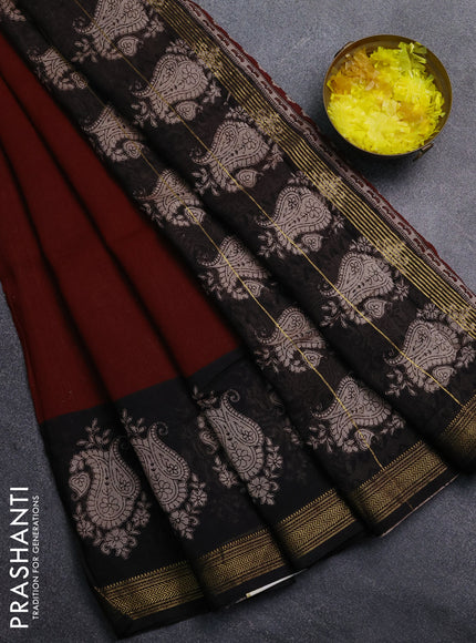 Chanderi Bagru saree maroon and black with plain body and mageshwari border