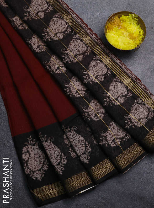 Chanderi Bagru saree maroon and black with plain body and mageshwari border