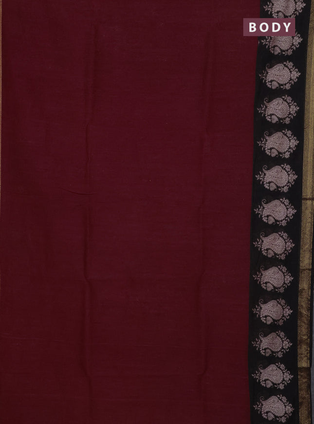 Chanderi Bagru saree maroon and black with plain body and mageshwari border