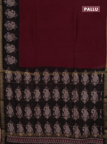 Chanderi Bagru saree maroon and black with plain body and mageshwari border
