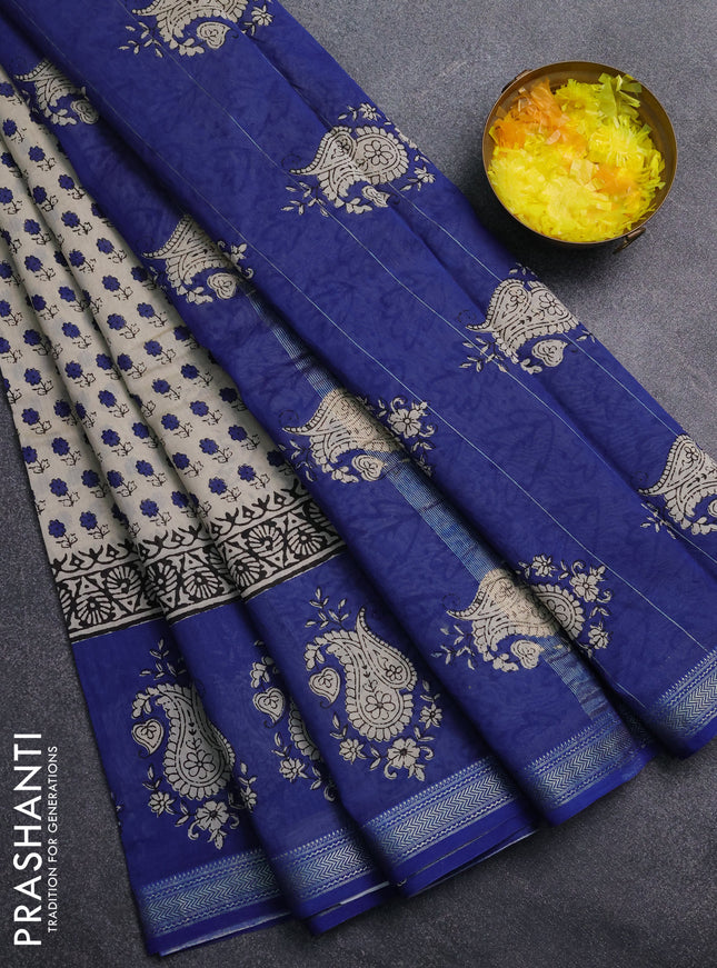 Chanderi Bagru saree beige and blue with allover butta prints and mageshwari border