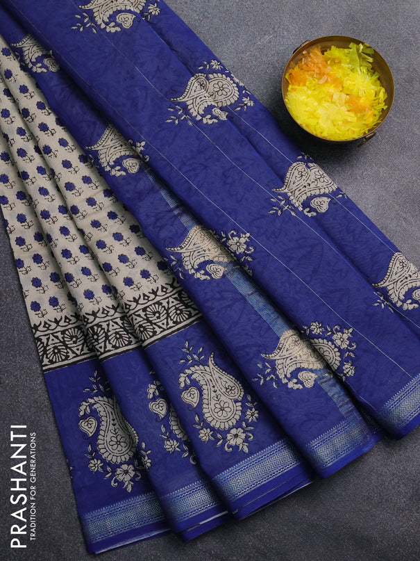 Chanderi Bagru saree beige and blue with allover butta prints and mageshwari border