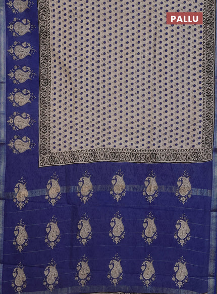 Chanderi Bagru saree beige and blue with allover butta prints and mageshwari border