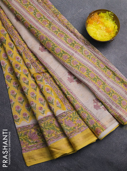 Chanderi Bagru saree yellow and beige with allover butta prints and mageshwari border