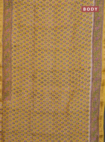 Chanderi Bagru saree yellow and beige with allover butta prints and mageshwari border