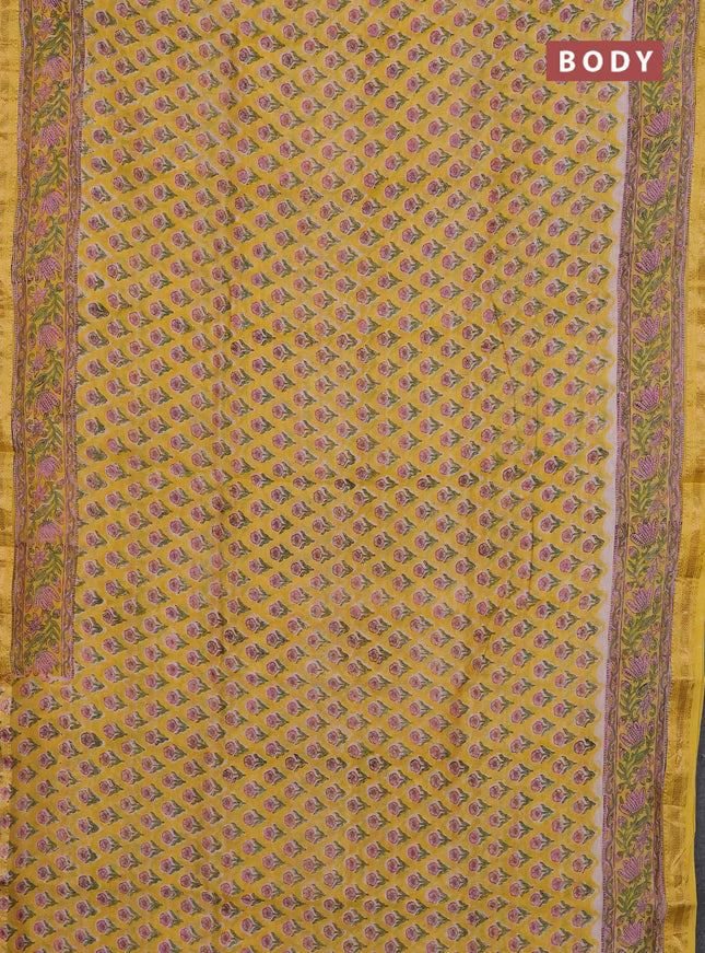 Chanderi Bagru saree yellow and beige with allover butta prints and mageshwari border