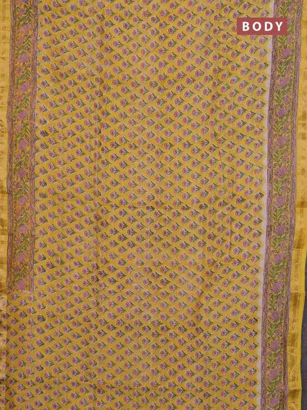 Chanderi Bagru saree yellow and beige with allover butta prints and mageshwari border