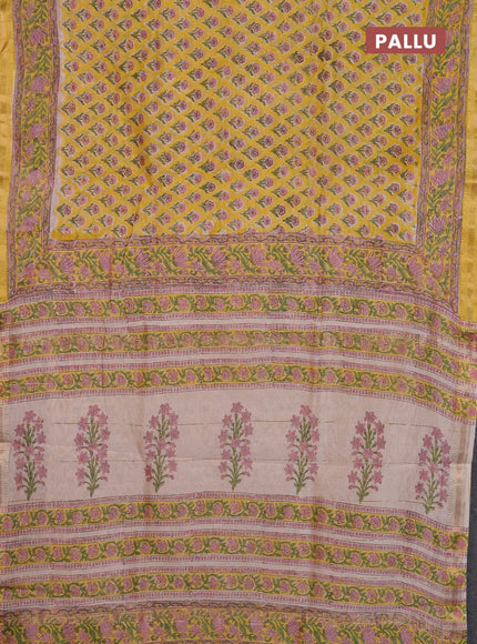 Chanderi Bagru saree yellow and beige with allover butta prints and mageshwari border