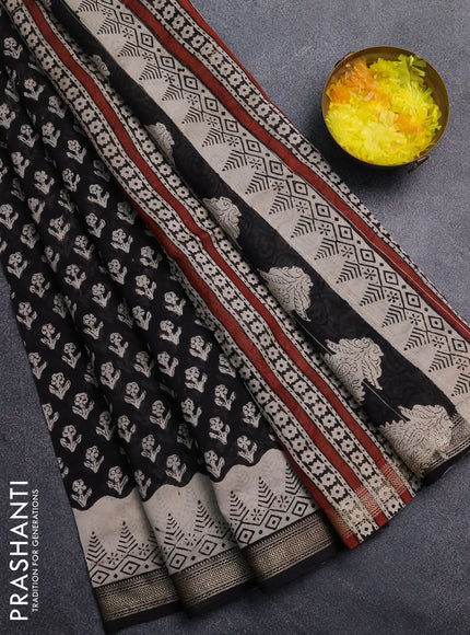 Chanderi Bagru saree black and beige with allover butta prints and mageshwari border