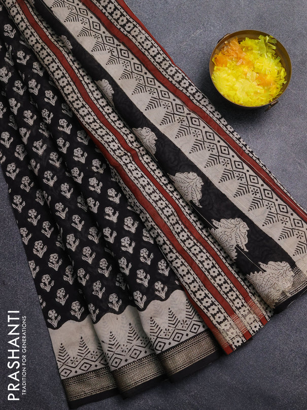 Chanderi Bagru saree black and beige with allover butta prints and mageshwari border