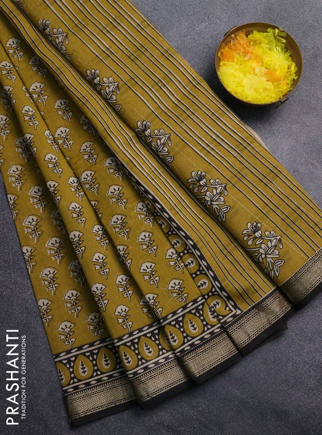 Chanderi Bagru saree mehendi green and beige with allover butta prints and mageshwari border