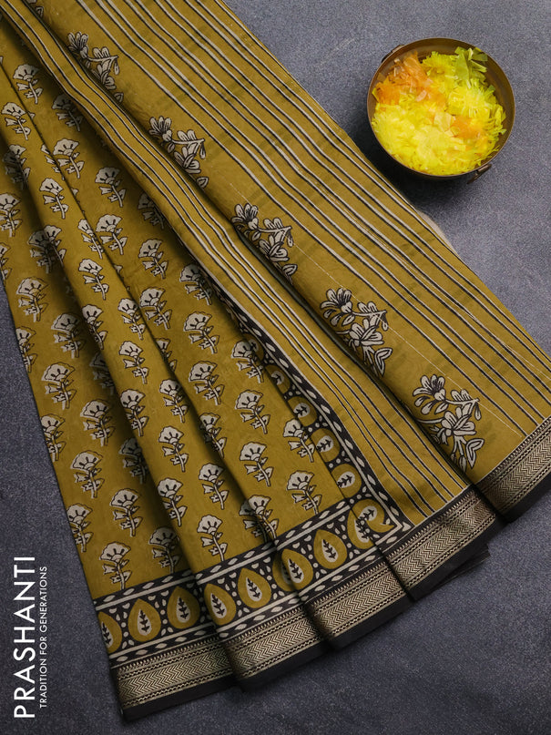 Chanderi Bagru saree mehendi green and beige with allover butta prints and mageshwari border