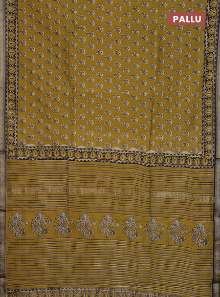 Chanderi Bagru saree mehendi green and beige with allover butta prints and mageshwari border