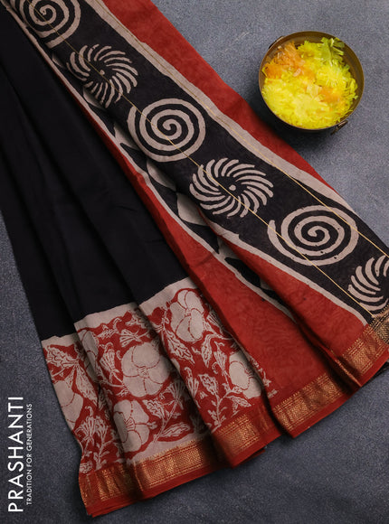 Chanderi Bagru saree black and rust shade with plain body and mageshwari border