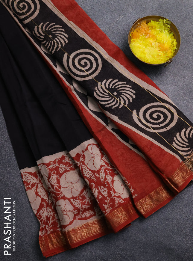 Chanderi Bagru saree black and rust shade with plain body and mageshwari border