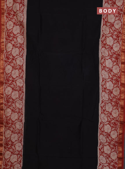 Chanderi Bagru saree black and rust shade with plain body and mageshwari border