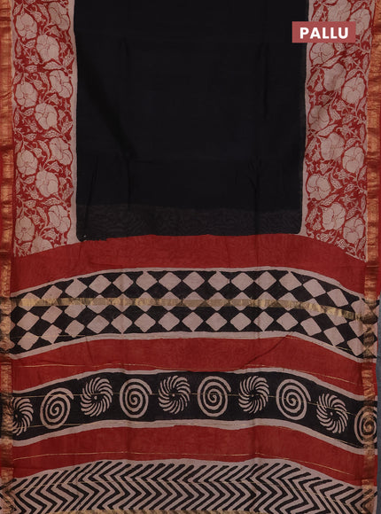 Chanderi Bagru saree black and rust shade with plain body and mageshwari border