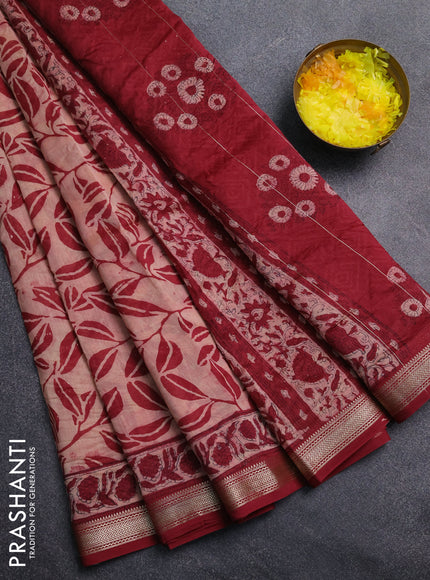 Chanderi Bagru saree peach shade and wine shade with allover prints and mageshwari border