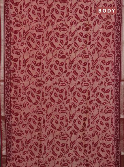 Chanderi Bagru saree peach shade and wine shade with allover prints and mageshwari border