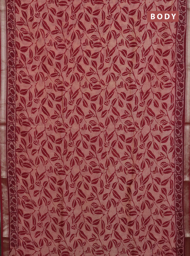 Chanderi Bagru saree peach shade and wine shade with allover prints and mageshwari border