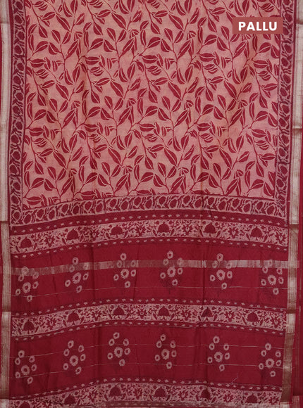 Chanderi Bagru saree peach shade and wine shade with allover prints and mageshwari border