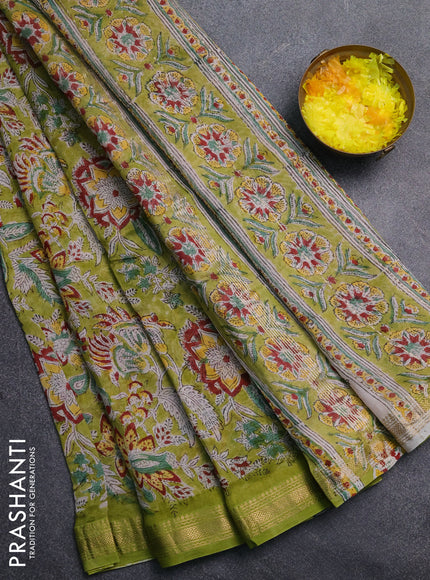 Chanderi Bagru saree light green and beige with allover prints and mageshwari border