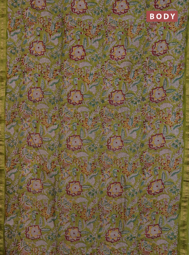 Chanderi Bagru saree light green and beige with allover prints and mageshwari border